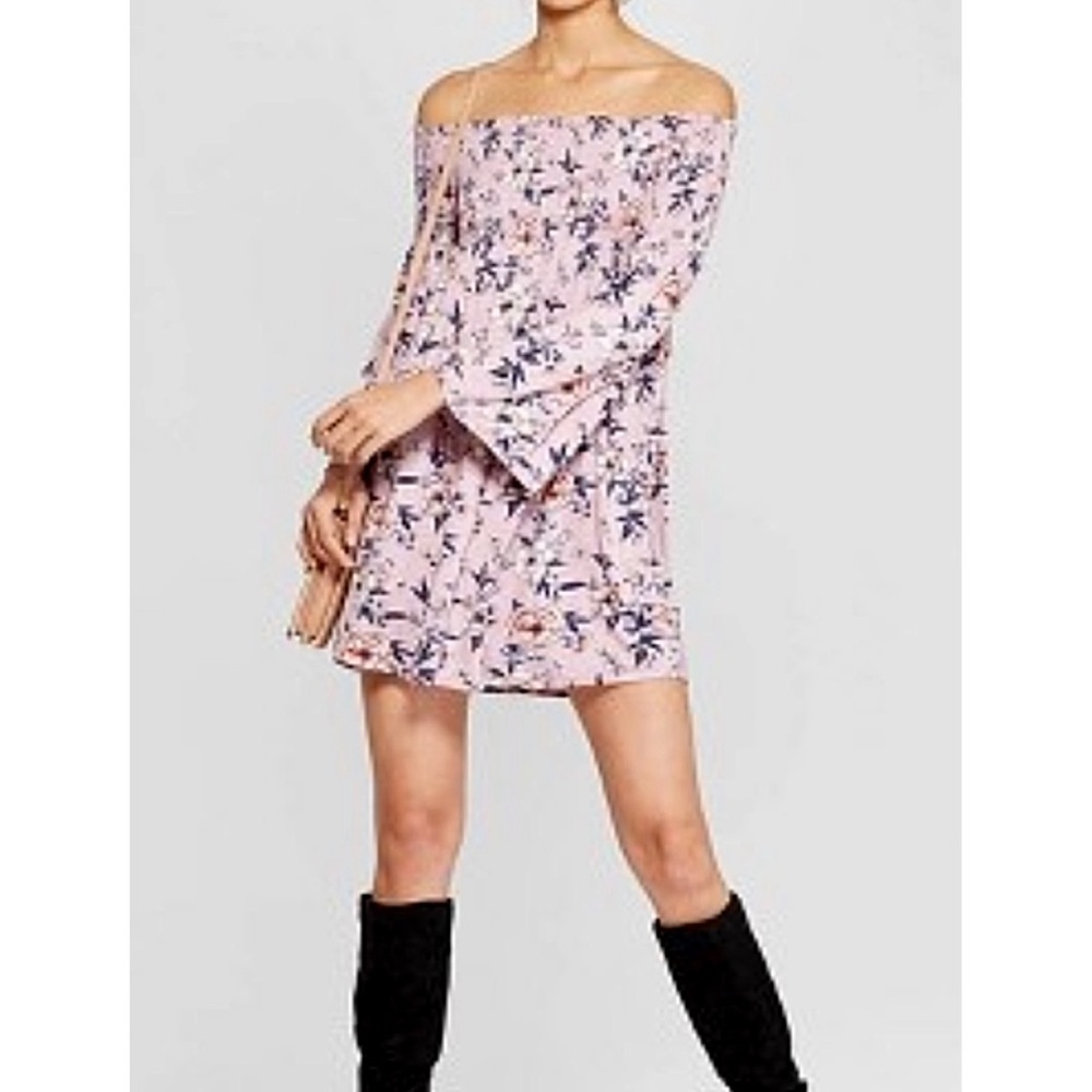 Xhilaration Pink Floral Off-Shoulder Bell Sleeve Dress
